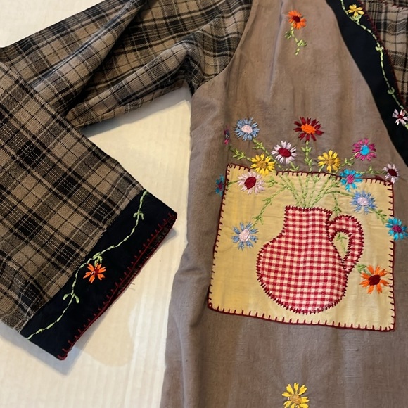 RARE! VTG-Papy Boez-80’s/90’s-S/M-Brown& black plaid,embroidered,patchwork,dress - Picture 6 of 16